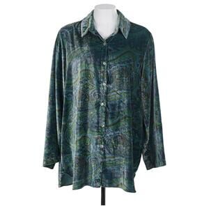 Soft Surroundings Top L Green Blue Paisley Velvet Long Sleeve Button-Up Casual